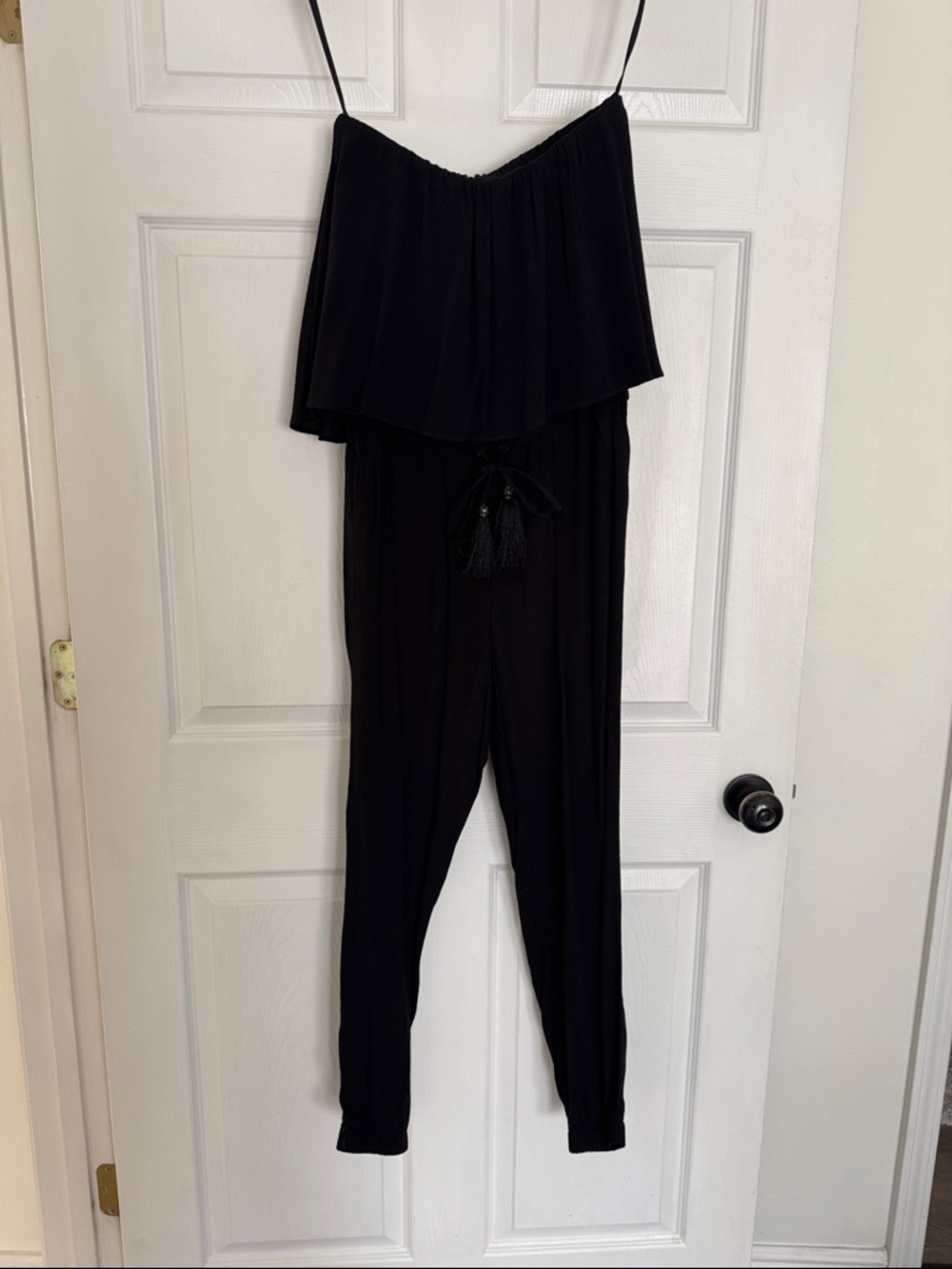 Black Tube Top Flowy Jumpsuit with Tassel Tie